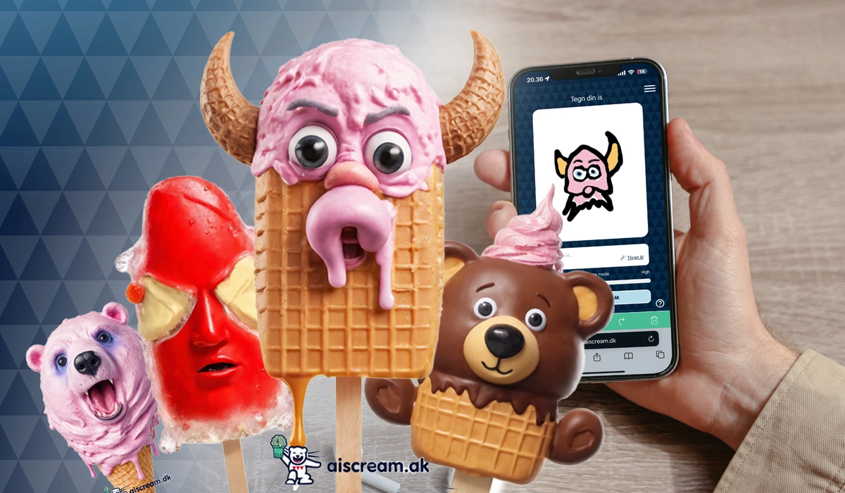 A drawn character on a phone, alongside imagined ice cream creations.