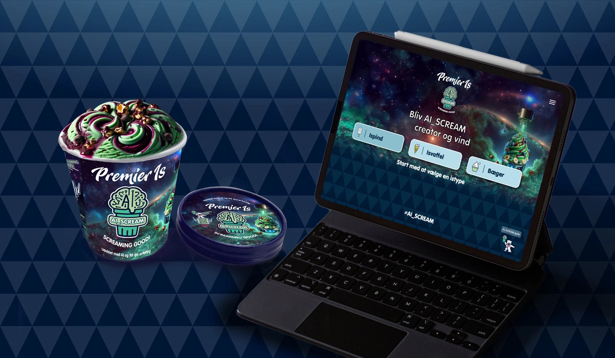 The packaged product alongside the original aiscream.dk interface presentation.