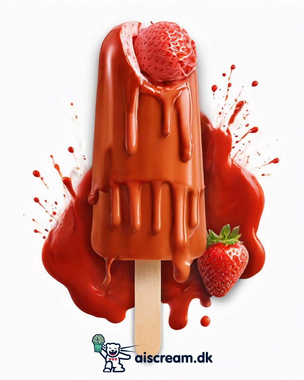 AI concept — a strawberry ice lolly with a flowing red coating.