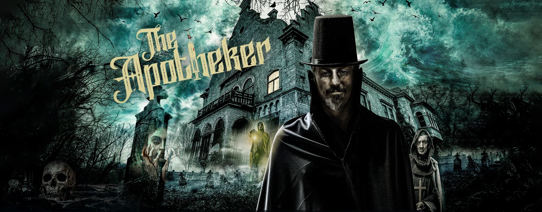 The Apotheker atmospheric visual identity with a house and top-hatted character