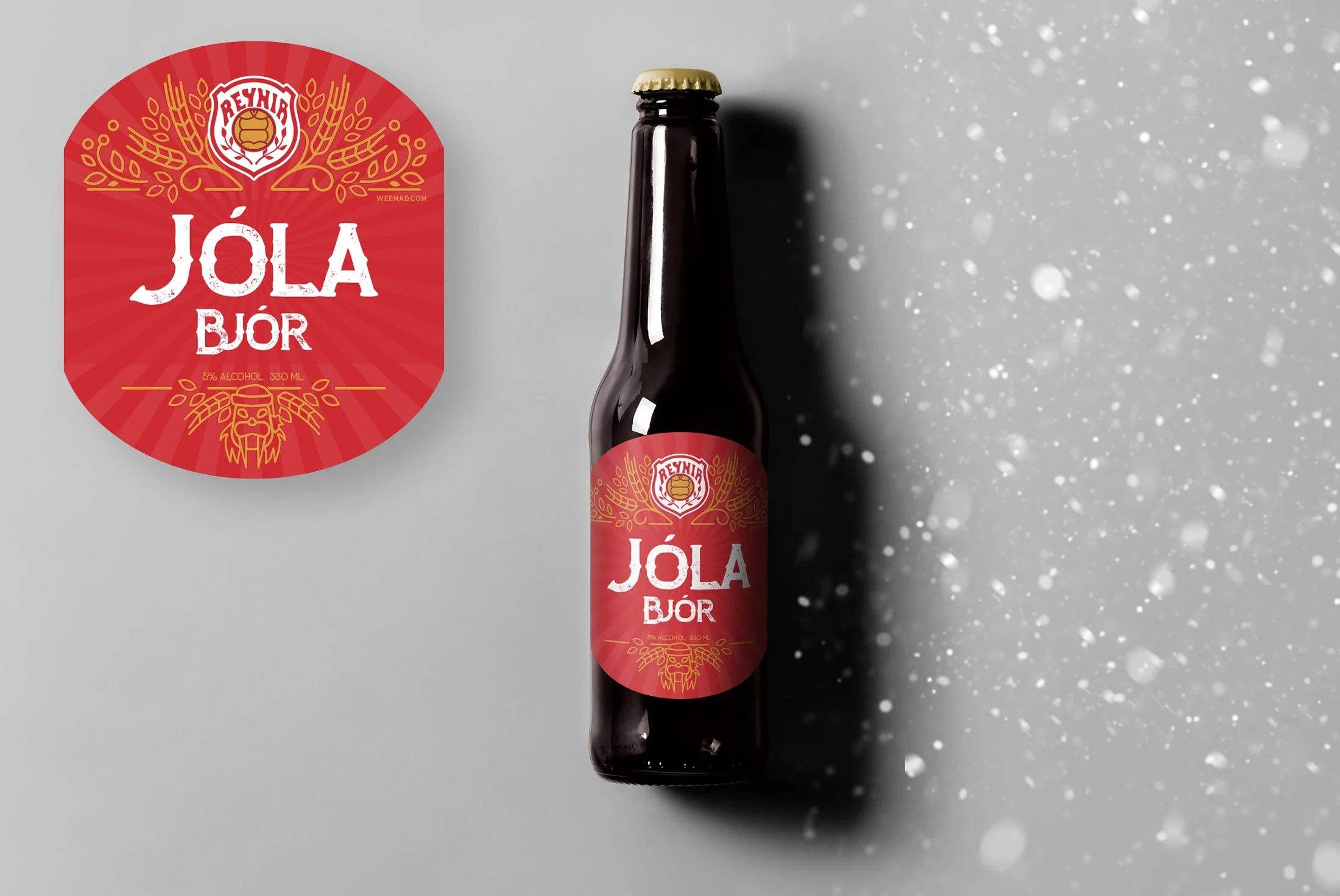 Seasonal Christmas beer label and bottle in snow