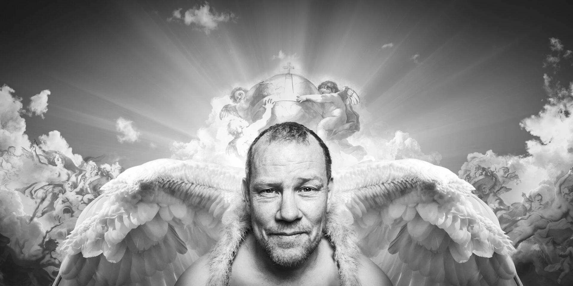 Björgvin Guðjónsson in his original black-and-white portrait collage, surrounded by wings, clouds and classical imagery