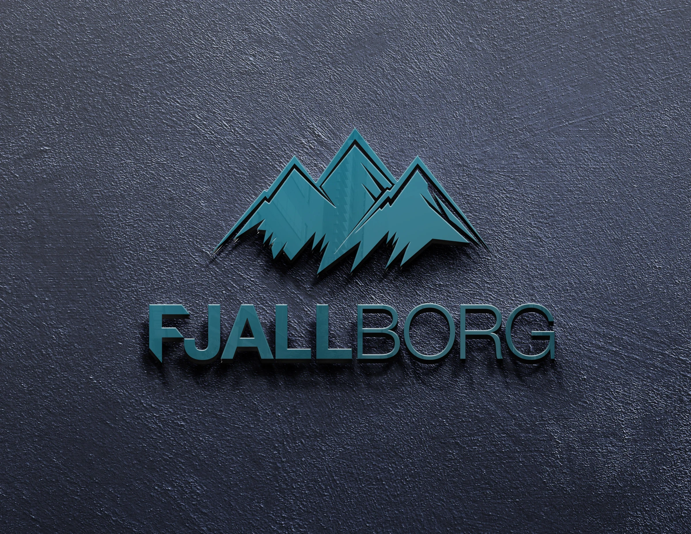 Fjallborg mountain emblem and modified wordmark in teal on a dark textured surface
