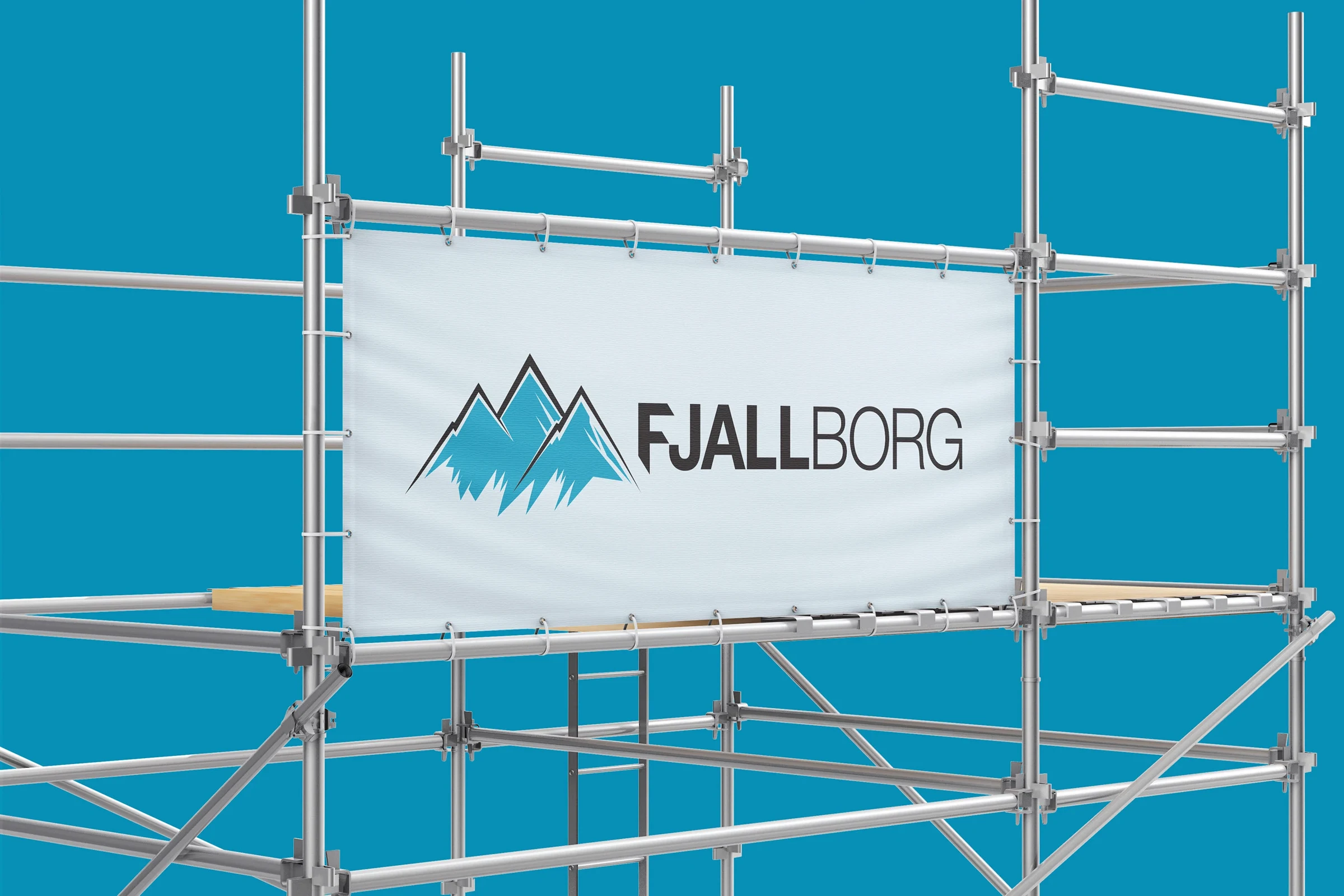 Fjallborg mountain identity on a scaffold banner mock-up