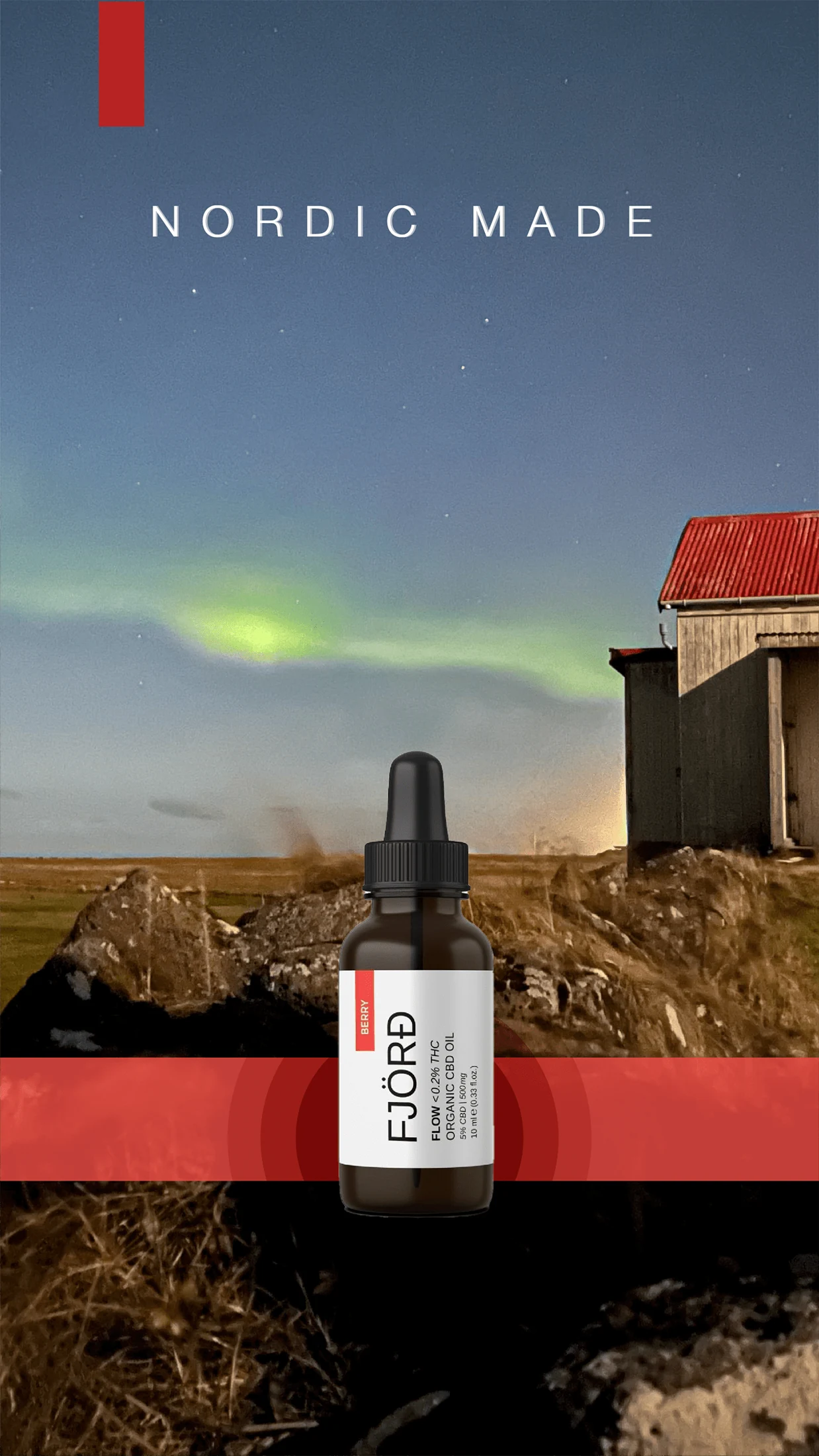 Northern lights and a red-roofed cabin in the Fjörd campaign