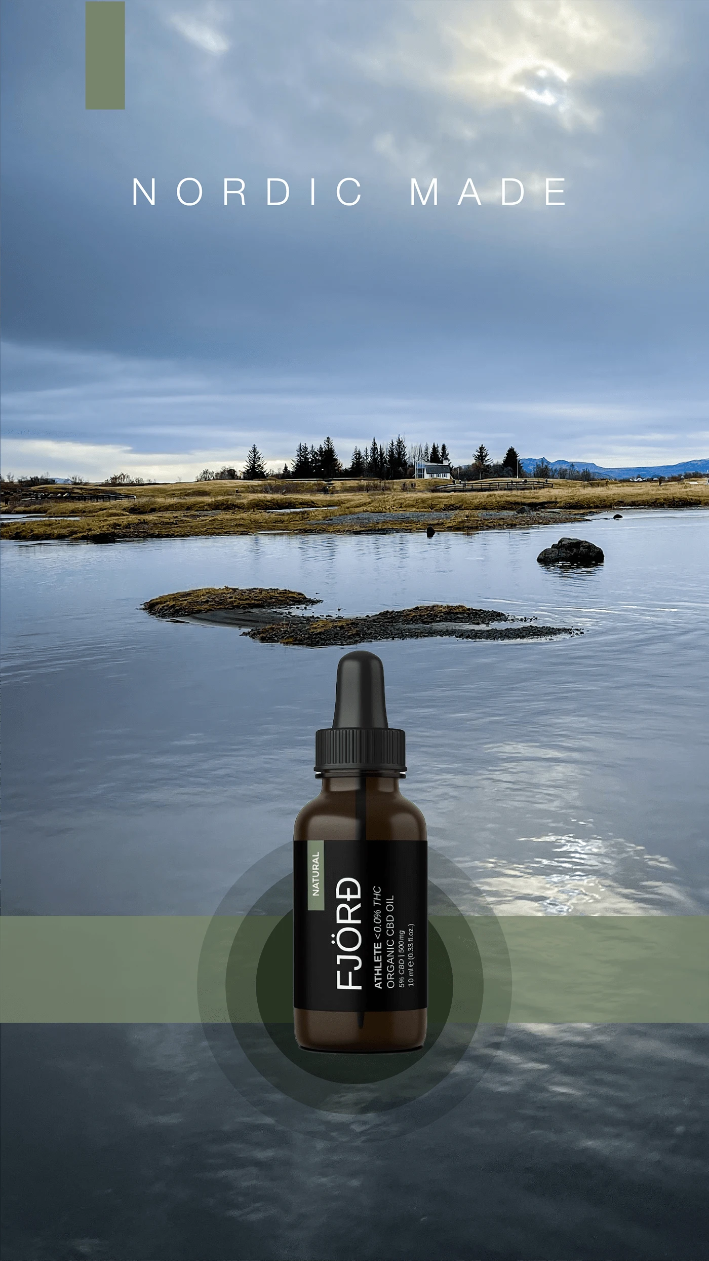The white product against still water.