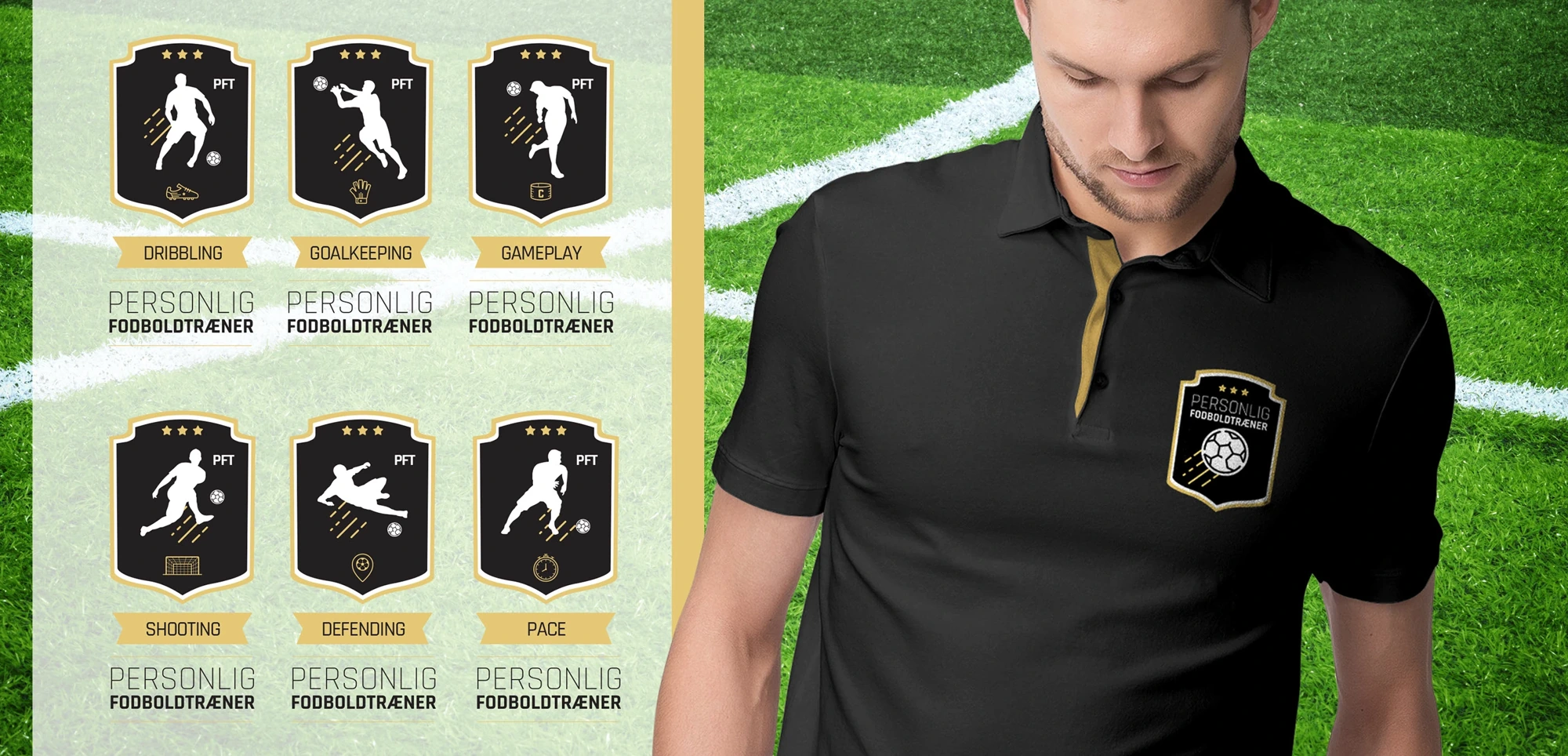 The training-badge family and branded polo concept.