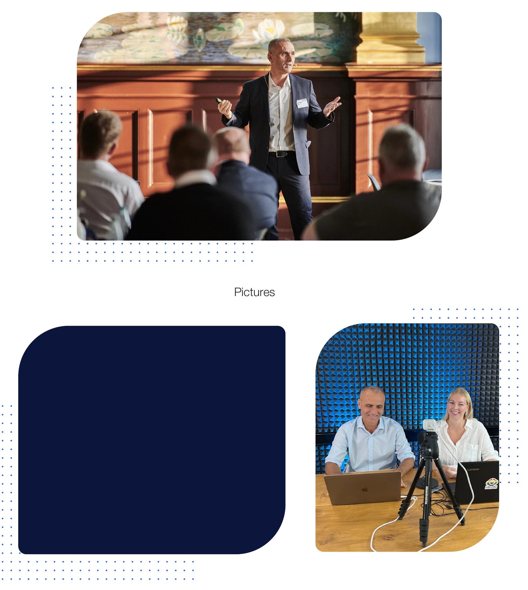 Rounded photographic frames and brand graphics.