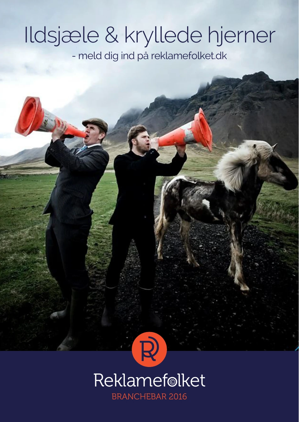 Campaign concept — horn players framed by the Reklamefolket identity.