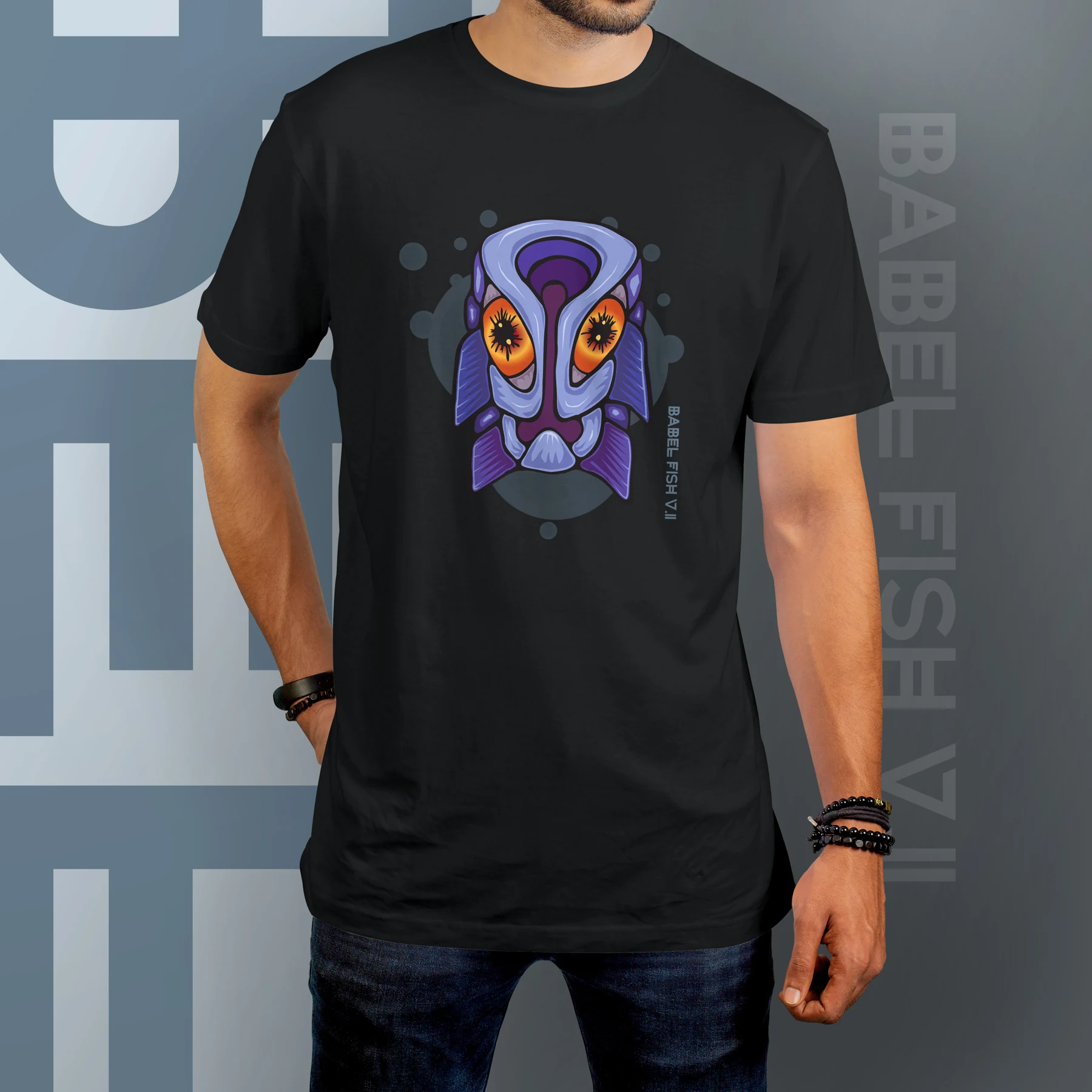 Babel Fish — a colourful character on a T-shirt concept.