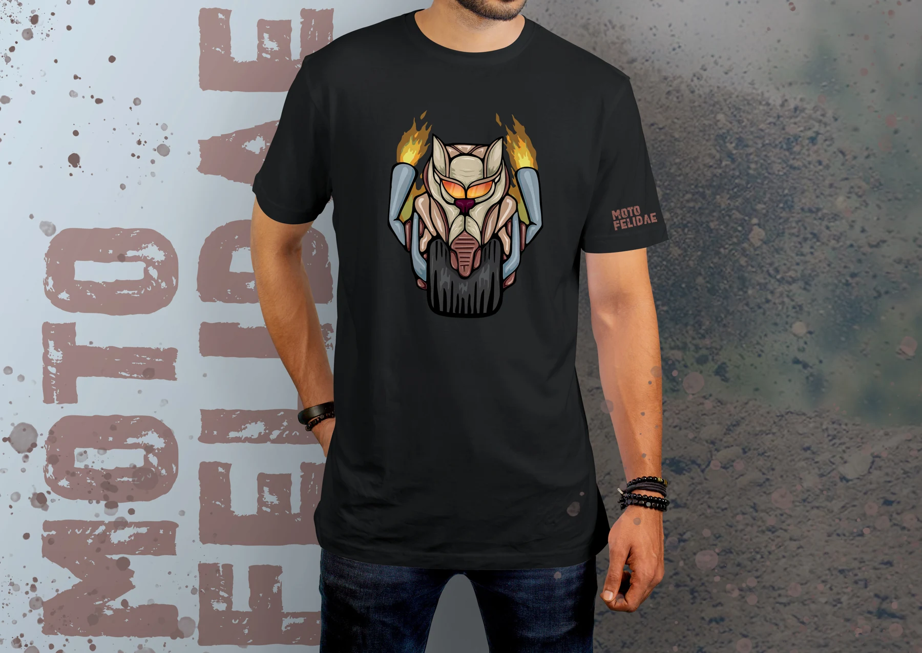 Moto Felidae — the character as a T-shirt graphic.